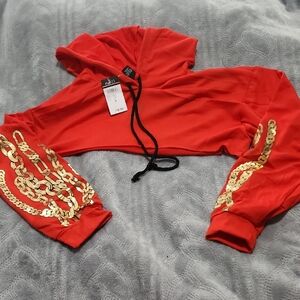 Red Cropped Hoodie with Gold Chain Design